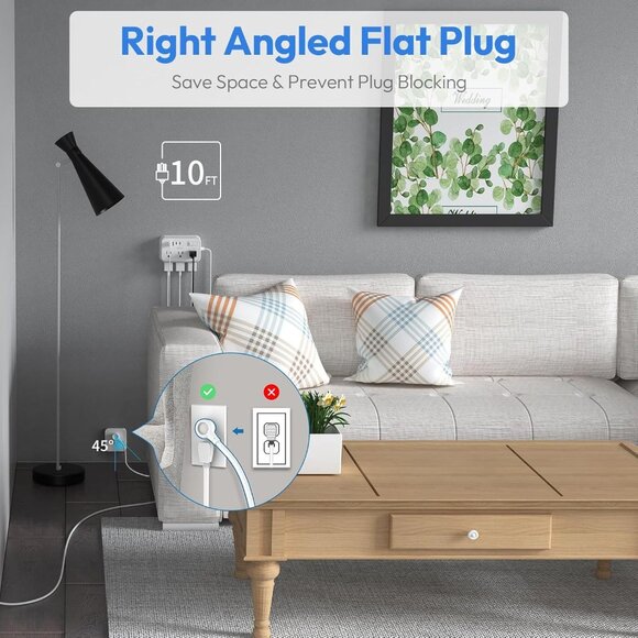 Surge Protector Power Strip 10 ft Flat Plug Extension w/ 6 Outlets 4 USB Ports - Picture 6 of 8